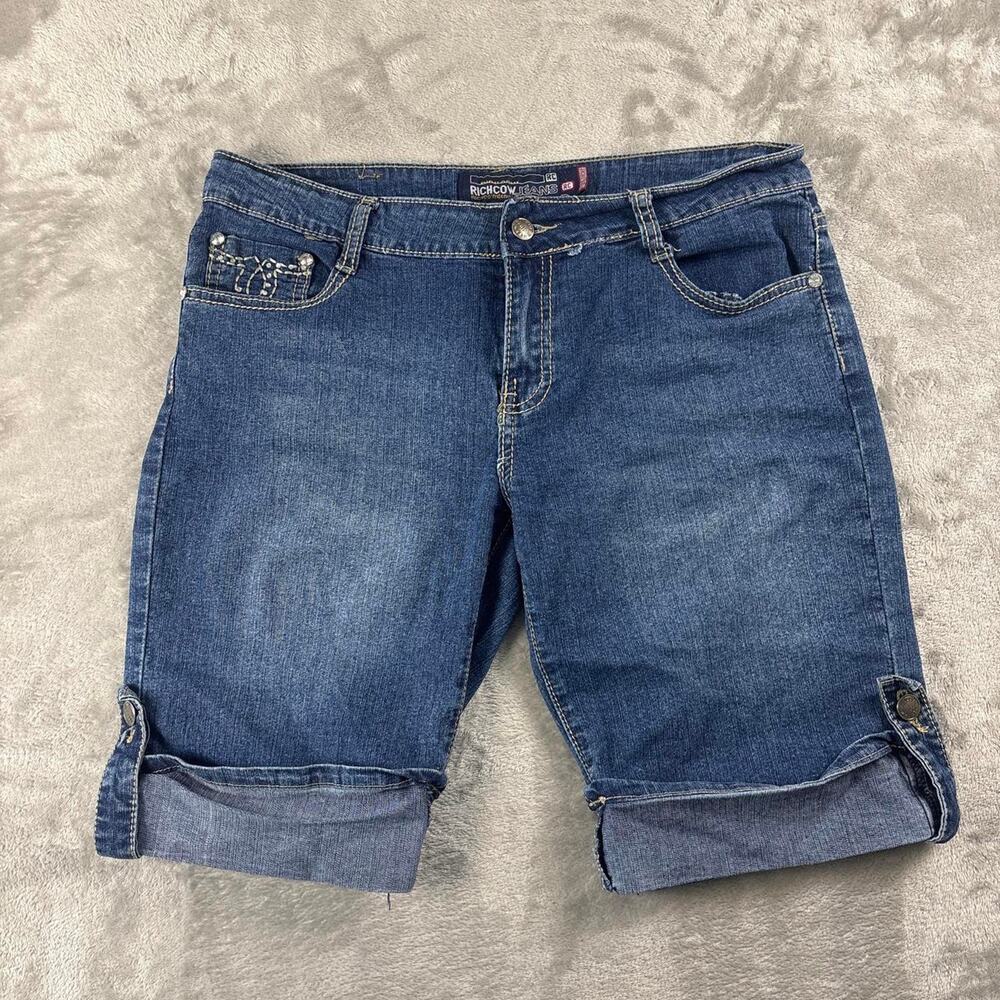 Richcow Jeans Studded Bermuda Denim Shorts Women’s 13 Blue Y2K Cuffed